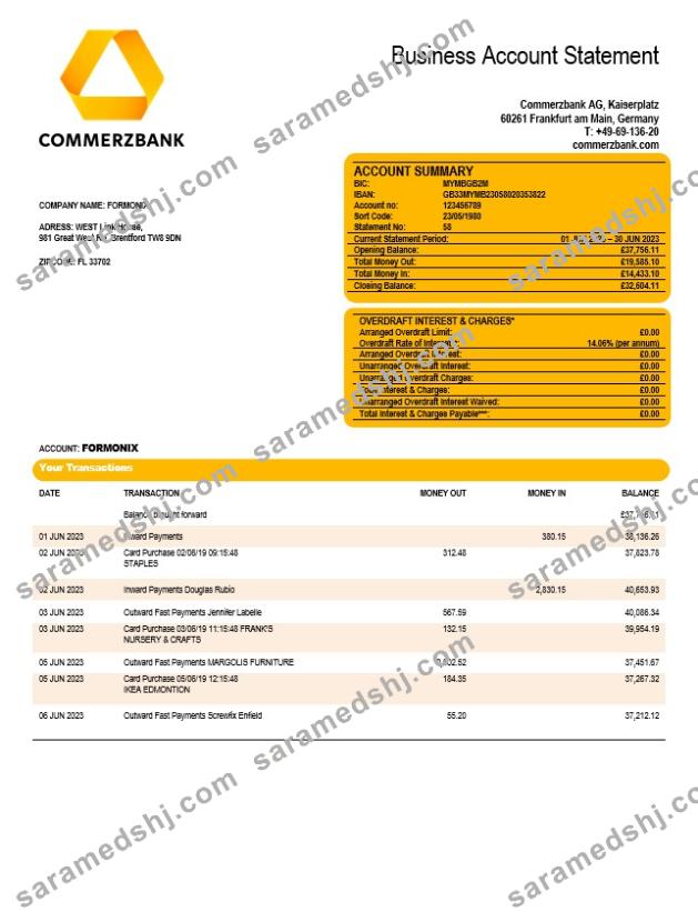 Commerzbank company checking account statement Word and PDF template